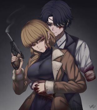 Rule 34 | 1boy, 1girl, absurdres, amputee, artist name, behind another, black eyes, black hair, black sweater, black vest, blonde hair, blood, blood on face, blood on hands, bomber jacket, breasts, brown jacket, caiman pool, closed mouth, commentary, cowboy shot, daan (fear &amp; hunger), eyepatch, fear &amp; hunger (series), fear &amp; hunger 2: termina, gradient background, grey background, gun, handgun, highres, holding, holding gun, holding weapon, hug, hug from behind, jacket, karin (fear &amp; hunger), large breasts, long hair, long sleeves, medical eyepatch, open clothes, open jacket, parted lips, purple skirt, shirt, short hair, skirt, smoke, smoking barrel, sweater, vest, weapon, white shirt, yellow eyes