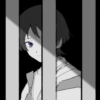 1boy black_background blunt_ends closed_mouth clothing_cutout colored_eyelashes genshin_impact greyscale highres iron_bars japanese_clothes kariginu layered_sleeves light_smile looking_at_viewer male_focus monochrome portrait purple_eyes scaramouche_(genshin_impact) scaramouche_(kabukimono)_(genshin_impact) shoulder_cutout solo spot_color tasuki w02_14 wispy_bangs