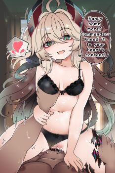 Rule 34 | 1boy, 1girl, :d, absurdres, admiral hipper (azur lane), admiral hipper (meta) (azur lane), assertive female, azur lane, black bra, black panties, blonde hair, blush, bow, bow panties, bra, breasts, clothed female nude male, clothing aside, commander (azur lane), commentary request, cowgirl position, cum, cum in pussy, deep penetration, english text, front-fastening bra, front-tie bra, girl on top, grabbing another's breast, green eyes, groping, guided breast grab, guiding hand, hair between eyes, hand on another's chest, hand up, happy sex, headgear, heart, hetero, highres, indoors, long hair, lsheng, medium breasts, mole, mole under eye, motion lines, muscular, muscular male, navel, nude, open mouth, panties, panties aside, penis, pov, pussy, pussy juice, red pupils, sex, small breasts, smile, solo focus, spoken heart, stomach, straddling, thigh grab, thighs, trembling, underwear, vaginal, very long hair