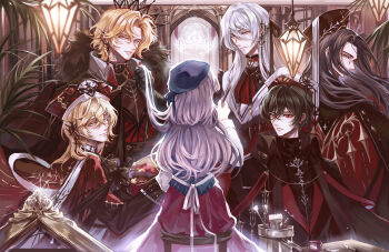 1girl 5boys absurdres alkaid_mcgrath alternate_costume alternate_hair_color apron aqua_eyes arch art_brush ascot ayn_alwyn barbell_piercing beret black_ascot black_cape black_gloves black_hair black_hat black_jacket black_ribbon black_shirt blonde_hair blue_eyes blue_vest bright_pupils brooch bucket buttons cael_anselm cape chinese_commentary clarence_clayden closed_mouth coat collared_cape collared_coat covered_mouth crescent crescent_earrings crescent_hat_ornament crossed_bangs crown curtained_hair diamond_button ear_covers ear_piercing earclip earrings facing_away feet_out_of_frame floating_crown floating_hair from_behind fur-trimmed_cape fur_trim gem gloves green_eyes hair_between_eyes hair_ribbon half_updo hanging_light hat hat_ornament hat_ribbon heroine_(lovebrush_chronicles) highres holding holding_another&#039;s_hair holding_paint_palette holding_paintbrush indoors jacket jar jewelry lamp lars_rorschach long_bangs long_hair long_hair_between_eyes long_skirt long_sleeves looking_at_another looking_down looking_to_the_side looking_up lovebrush_chronicles male_harem medium_hair mitre monocle multiple_boys neck_ribbon outside_border paint paint_palette paintbrush painting_(action) palette_knife parted_bangs parted_lips picture_frame piercing pinstripe_pattern pinstripe_vest plant pointed_crown profile purple_eyes purple_hair red_cape red_eyes red_gemstone red_hat red_shirt red_skirt ribbon shawl shirt short_hair sideways_glance single_ear_cover single_earring sitting skirt smile snow234 sparkle_hair_ornament spiked_ear_piercing stole stool sweater_guard through_medium tiara tilted_headwear turtleneck turtleneck_shirt two-tone_headwear upper_body vest white_apron white_coat white_hair white_hat white_pupils white_ribbon white_shawl white_shirt