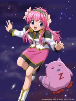 Rule 34 | 1girl, :d, artist name, bad id, blue eyes, boots, dated, epaulettes, flower, foot out of frame, galaxy angel, green hairband, hair flower, hair ornament, hairband, jacket, juliet sleeves, long hair, long sleeves, milfeulle sakuraba, military uniform, normad, open mouth, pencil skirt, pink flower, pink hair, pink skirt, puffy sleeves, skirt, sleeve cuffs, smile, solo, space, star (sky), stuffed toy, takachan, white boots, white jacket