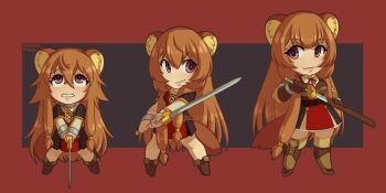 Rule 34 | 3girls, age progression, animal ear fluff, animal ears, artist name, black dress, blunt bangs, boots, breasts, brown hair, cannibal queen, closed mouth, collar, collared dress, commentary, cosplay, deformed, dress, english commentary, eyebrows hidden by hair, eyelashes, full body, grey background, grey outline, hair between eyes, high collar, highres, holding, holding sheath, holding sword, holding weapon, knee boots, long hair, long sleeves, looking at viewer, looking down, looking up, medium breasts, messy hair, metal collar, metal hair tubes, metal wrist cuffs, morrigan aensland, morrigan aensland (cosplay), multiple girls, neck ribbon, open mouth, outline, purple eyes, raccoon ears, raccoon girl, raccoon tail, raised eyebrows, raphtalia, raphtalia (young), red background, red dress, red ribbon, ribbon, scabbard, sheath, short dress, short sleeves, signature, sleeveless, sleeveless dress, smile, smirk, standing, straight hair, sword, tail, tate no yuusha no nariagari, thigh boots, thighhighs, two-tone background, two-tone dress, unsheathing, v-shaped eyebrows, weapon, white dress, zettai ryouiki