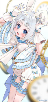 1girl animal_ears arms_up blue_bow blue_eyes blurry blurry_foreground blush bow capelet cowboy_shot dress frilled_capelet frilled_thigh_strap frills from_above gakuen_idolmaster glove_ribbon gloves highres idolmaster katsuragi_lilja looking_at_viewer medium_hair parted_lips pocket_watch rabbit_ears simple_background thigh_strap watch white_bow white_gloves white_hair yuuyu_(moco20111115)