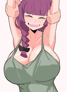 1girl 1other absurdres blunt_bangs blush bocchi_the_rock! braid breasts cleavage closed_eyes collarbone commentary english_commentary hand_on_another&#039;s_arm highres hiroi_kikuri huge_breasts pov pov_hands purple_hair ring_light_reflection sharp_teeth side_braid simple_background single_braid solo sweat teeth two_handy upper_body white_background