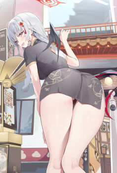 1girl ass black_dress blue_archive braid breasts china_dress chinese_clothes commentary_request dress from_behind grey_hair halo haruna_(blue_archive) houraku long_hair looking_at_viewer looking_back open_mouth red_eyes red_halo short_sleeves single_wing smile solo wings