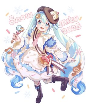 Rule 34 | 1girl, absurdres, asymmetrical legwear, blue bow, blue dress, blue eyes, blue hair, blue pantyhose, boots, bow, brown boots, brown hat, character name, commentary request, cookie hair ornament, diagonal-striped pantyhose, double-parted bangs, dress, food-themed hair ornament, footwear bow, hair between eyes, hair ornament, hat, hatsune miku, highres, long hair, long sleeves, looking at viewer, mismatched legwear, mochiusasa, musical note-themed food, necktie, open mouth, pantyhose, pink bow, pink necktie, pink pantyhose, simple background, smile, snowflakes, solo, striped clothes, striped pantyhose, vocaloid, white background, wide sleeves, yuki miku, yuki miku (2026)