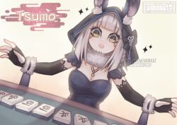 Rule 34 | 1girl, animal ear fluff, animal ears, black bow, black gloves, bow, breasts, cleavage, commentary, dress, dutch angle, ears through hood, elbow gloves, english commentary, fingerless gloves, fur collar, gloves, grey dress, grey hair, highres, kaavi, ko-fi username, large breasts, mahjong, mahjong soul, mahjong table, mahjong tile, medium bangs, medium hair, nyamuh, open mouth, patreon username, rabbit ears, rabbit girl, round teeth, smile, solo, sparkle, table, teeth, upper body, upper teeth only, yellow background, yellow eyes