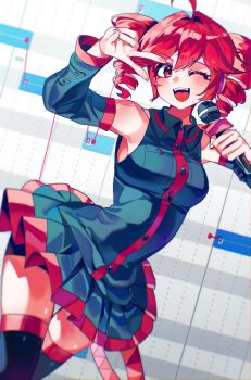 0916psy 1girl ;d absurdres ahoge armpits black_boots blue_shirt blue_skirt blue_sleeves boots breast_pocket collared_shirt commentary detached_sleeves double-parted_bangs drill_hair dutch_angle hair_between_eyes highres holding holding_microphone kasane_teto kasane_teto_(utau) long_hair_between_eyes microphone miniskirt one_eye_closed open_mouth openutau pocket red_eyes red_hair red_trim shirt skirt skirt_set sleeveless sleeveless_shirt smile solo teeth thigh_boots twin_drills upper_teeth_only utau v v_over_eye