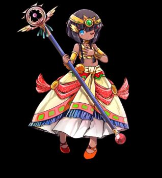 1girl :o armlet black_background black_hair blue_eyes bracelet braid crop_top dark-skinned_female dark_skin flat_chest flats full_body hair_between_eyes hand_on_own_chest highres holding holding_staff jewelry lisha_(merc_storia) long_skirt low_twin_braids merc_storia merc_storia_art_team navel official_art one_eye_closed sash simple_background skirt sleeveless solo staff standing tachi-e tiara twin_braids