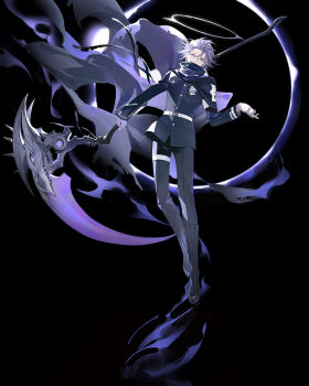 1boy aotsuki_eito armband belt black_background black_boots black_cloak black_jacket black_pants boots chinese_commentary cloak commentary eclipse evil_grin evil_smile floating full_body gakuran glasses gloves grey_hair grin hand_up highres holding holding_scythe holding_weapon jacket last_defense_academy_school_uniform looking_at_viewer male_focus official_alternate_hairstyle pants school_uniform scythe shiosakana short_hair smile solar_eclipse solo spoilers the_hundred_line_-last_defense_academy- weapon white_armband white_belt white_gloves