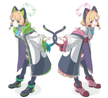 2girls alpaca_(alpaca00011) animal_ear_headphones animal_ears black_thighhighs blonde_hair blue_archive blue_neckerchief blush bow cat_ear_headphones cat_ears fake_animal_ears fake_tail green_bow green_eyes green_halo green_shoes hair_bow halo headphones highres jacket leaning_forward long_sleeves midori_(blue_archive) momoi_(blue_archive) multiple_girls neckerchief necktie open_clothes open_jacket open_mouth pink_halo pink_shoes shirt shoes short_hair siblings sisters smile tail tail_bow tail_ornament thighhighs twins v-shaped_eyebrows wide_sleeves