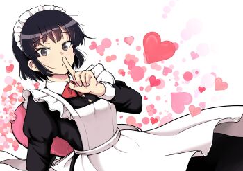 Rule 34 | 1girl, apron, black dress, black eyes, black hair, commentary request, dress, finger to mouth, heart, highres, index finger raised, kujou meika, looking at viewer, maid, maid apron, maid headdress, meika-san wa oshikorosenai, neckerchief, parted lips, red neckerchief, saitou shouki, second-party source, short hair, shushing, solo, white apron, white background