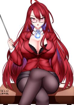 1girl absurdres ahoge bespectacled black_bra blue_fire blue_hair bra breasts classroom cleavage collarbone colored_inner_hair dasmortred desk elizabeth_rose_bloodflame fire fire_on_chest formal_clothes glasses highres holding holding_pointer hololive hololive_english huge_ahoge lace lace_bra large_breasts long_hair long_sleeves looking_at_viewer multicolored_hair office_lady on_desk open_mouth pantyhose pencil_skirt pointer red_eyes red_hair shirt sitting skirt skirt_suit solo suit teacher two-tone_hair underwear very_long_hair virtual_youtuber white_shirt