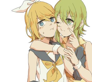 2girls arm_around_neck averting_eyes black_sailor_collar blush bow bracelet cheek_pinching cheek_squash commentary_request detached_sleeves face-to-face green_eyes green_hair green_vest gumi hair_bow hairband hands_up index_finger_raised jewelry kagamine_rin multiple_girls neckerchief pinching sailor_collar shirt simple_background sleeveless sleeveless_shirt sweat vest vocaloid white_background white_bow white_hairband white_shirt wounds404 yellow_neckerchief