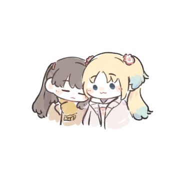 Rule 34 | 2girls, :3, ao kaeru, blonde hair, blue eyes, blue hair, brown coat, brown hair, brown scarf, chibi, chibi only, closed mouth, coat, flower, fujishima megumi, fujishima megumi (winter casual), gradient hair, hair flower, hair ornament, highres, hood, hoodie, jacket, leaning on person, leaning to the side, link! like! love live!, long hair, looking at another, love live!, mira-cra park!, multicolored hair, multiple girls, open clothes, open jacket, osawa rurino, osawa rurino (winter casual), pink flower, scarf, sleeping, sleeping upright, twintails, two side up, virtual youtuber, white hoodie, white jacket