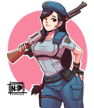 1girl beret black_gloves black_hair blue_hat blue_pants blue_shirt cosplay final_fantasy final_fantasy_vii fingerless_gloves gloves gun hand_on_own_hip hat highres holding holding_gun holding_weapon jill_valentine jill_valentine_(cosplay) long_hair nudiedoodles one_eye_closed pants resident_evil shirt shotgun shoulder_pads signature smile tifa_lockhart weapon