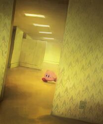Rule 34 | :o, artist name, backrooms (creepypasta), blue eyes, blush, blush stickers, ceiling, ceiling light, closed mouth, electrical outlet, fluorescent lamp, highres, indoors, kirby, kirby (series), nintendo, no humans, running, solo, suyasuyabi, tile ceiling, tiles, twitter username