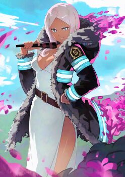 Rule 34 | belt, breasts, cleavage, coat, dress, en'en no shouboutai, hand fan, hibana (enen no shouboutai), long hair