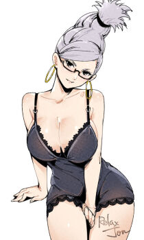 1girl artist_name ayase_seiko bare_shoulders beehive_hairdo black_nightgown blush breasts brown_eyes cleavage closed_mouth collarbone dandadan earrings frilled_nightgown glasses highres hoop_earrings jewelry lace-trimmed_nightgown large_breasts long_hair looking_at_viewer mature_female navel nightgown red-framed_eyewear relaxjon semi-rimless_eyewear signature simple_background sitting sleepwear solo tall_hair white_background white_hair