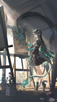 1girl absurdres arknights black_hair colored_skin dragon_girl dragon_horns dragon_tail dusk_(arknights) eastern_dragon_tail green_hands green_horns green_skin hair_over_one_eye highres horns long_hair looking_back multicolored_hair pointy_ears red_eyes shuiqimu solo streaked_hair tail