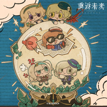 5girls :d absurdres anger_vein arms_up beryl_bouanich black_shoes blonde_hair blue_background blue_coat blue_dress blue_eyes blue_hairband blue_hat blue_neckerchief brown_hair brume_(reverse:1999) chibi cloud coat copyright_name copyright_notice crystal crystal_ball cup dragon dragonfly_hair_ornament dress green_hairband green_hat grey_hair grey_shorts grey_sweater hair_bun hairband hat highres holding holding_cup jacket logo matilda_bouanich megaphone mother_and_daughter multiple_girls neckerchief newsboy_cap official_art one_side_up open_mouth polka_dot_neckerchief purple_hair red_jacket regulus_(reverse:1999) reverse:1999 shoes short_hair shorts single_side_bun small_dragon smile sunglasses sweater vertin_(reverse:1999) yellow_eyes