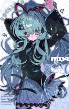 Rule 34 | 1girl, aqua eyes, aqua hair, aqua skirt, artist name, black shirt, character name, chinese commentary, commentary request, copyright name, cowboy shot, hair ornament, hair ribbon, hairclip, hatsune miku, hatsune miku (if), highres, long hair, pleated skirt, ponytail, ribbon, shirt, skirt, solo, taowu (20809), very long hair, vocaloid