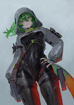 Rule 34 | 1girl, absurdres, arknights, arknights: endfield, black bodysuit, bodysuit, breasts, commentary request, covered navel, dutch angle, fluorite (arknights), green eyes, green hair, green tail, grey background, grey hood, hair through hood, hand on own hip, highres, hood, hood up, hooded shrug, hoodie, impossible bodysuit, impossible clothes, long hair, medium breasts, rain, reptile girl, shrug (clothing), solo, tail, tomodach1666, wet, wet clothes