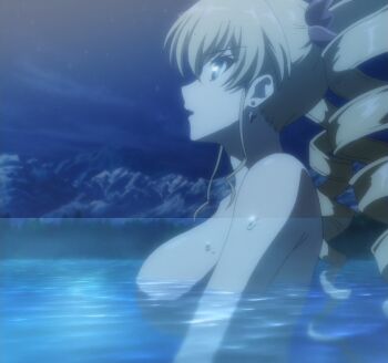 1girl bathing blonde_hair blue_eyes breasts claire_harvey convenient_censoring drill_hair from_side highres hundred_(light_novel) lake large_breasts long_hair nude open_mouth partially_submerged sideboob solo stitched surprised teeth third-party_edit twin_drills very_long_hair water wet