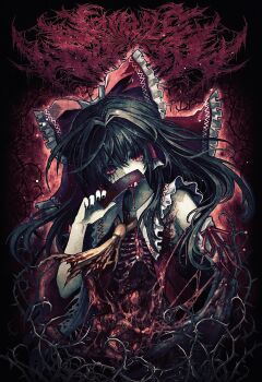 1girl absurdres ascot black_hair black_nails blood blood_on_chest blood_on_clothes bone bow collared_shirt commentary_request covered_face detached_sleeves blood_drip floating_hair frilled_bow frilled_hair_tubes frilled_shirt_collar frills guro hair_bow hair_intakes hair_tubes hakurei_reimu hand_up highres horror_(theme) intestines long_hair looking_at_viewer ofuda red_bow red_eyes red_shirt red_theme ribbon-trimmed_sleeves ribbon_trim ribs shirt solo spine thorns torn_clothes touhou upper_body yellow_ascot yu-ki_iwata