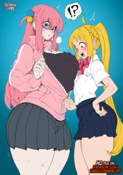 !? 2girls ahoge alternate_breast_size_(larger) artist_name asymmetrical_docking black_shirt black_skirt blonde_hair blue_background blue_eyes blush bocchi_the_rock! bow bowtie breast_envy breast_press breasts clenched_teeth collared_jacket collared_shirt commentary cowboy_shot cube_hair_ornament english_commentary from_side gotoh_hitori gradient_background grey_skirt grimace hair_between_eyes hair_ornament hand_on_own_chest hand_on_own_hip hands_up height_difference huge_breasts ijichi_nijika jacket long_hair long_sleeves looking_down miniskirt multiple_girls one_side_up open_mouth paid_reward_available partially_shaded_face partially_unzipped patreon_username pink_hair pink_jacket pink_track_suit pleated_skirt polka_dot polka_dot_bow polka_dot_bowtie red_bow red_bowtie red_eyes shirt short_sleeves side_ahoge side_ponytail skirt small_breasts speech_bubble spoken_interrobang steaming_body surprised sweat teeth the_golden_smurf thick_thighs thighs track_jacket track_suit trembling twitching unzipping very_long_hair white_shirt wide-eyed zipper