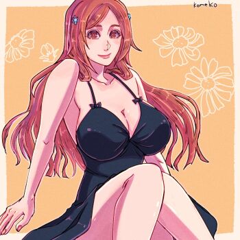 Rule 34 | artist name, bare arms, bare shoulders, black dress, bleach, breasts, brown eyes, brown hair, cleavage, closed mouth, dress, hair ornament, highres, inoue orihime, komeko (strikek-lvvjm27), large breasts, long hair, orange background, parted bangs, sideboob, sitting, sleeveless, sleeveless dress, smile, snowflake hair ornament, spaghetti strap, upper body