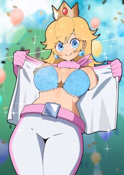 absurdres bandana belt biker_clothes biker_peach bikesuit bikini blonde_hair blue_bra blue_eyes bodysuit bra breasts cleavage commentary crown earrings english_commentary flashing floral_print floral_print_bikini gjh gloves highres jewelry large_breasts looking_at_viewer mario_(series) mario_kart mario_kart_world nintendo open_bodysuit open_clothes pink_bandana pink_gloves princess_peach print_bikini smile solo sphere_earrings swimsuit underwear