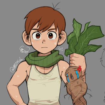 1boy absurdres anger_vein brown_eyes brown_hair chilchuck_tims commentary dungeon_meshi english_commentary green_scarf halfling highres holding male_focus mandrake_(dungeon_meshi) meme pectoral_cleavage pectorals scarf shota signature solo sweat syaoran_(0027) tank_top toned toned_male underwear uohhhhhhhhh!_(meme) upper_body