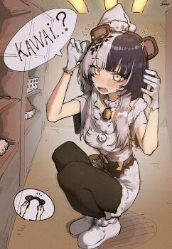 1girl absurdres alternate_costume animal_ears bear_ears bell black_hair black_nails blush breasts commentary dress full_body gloves hat highres hololive hololive_english leggings long_hair multicolored_hair santa_hat shiori_novella solo sooby600211 speech_bubble split-color_hair squatting symbol-only_commentary two-tone_hair virtual_youtuber white_dress white_gloves white_hair yellow_eyes