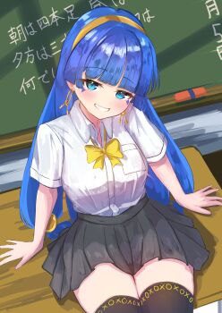 1girl absurdres alternate_costume black_skirt black_thighhighs blue_eyes blue_hair blush board_eraser bow bowtie breasts chalkboard classroom collared_shirt commentary_request contemporary desk earrings facial_mark gold_headdress grin hairband highres indoors jewelry key_earrings long_hair looking_at_viewer medium_breasts michigami_nareko necktie on_desk pico_kimuchi pleated_skirt school_uniform shirt short_sleeves sitting skirt smile solo thighhighs touhou translation_request triangle triangle_facial_mark very_long_hair white_shirt yellow_bow yellow_bowtie yellow_hairband yellow_necktie