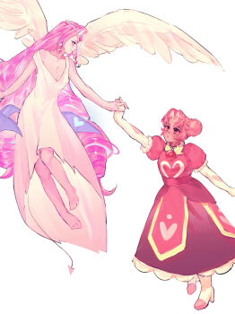 Rule 34 | 2girls, absurdres, angel, angel wings, colored skin, cookie run, cookie run: kingdom, double bun, dress, eternal sugar cookie, food-themed hair, hair bun, highres, hollyberry cookie, humanization, long hair, looking at another, looking at viewer, multiple girls, pink eyes, pink hair, pink skin, puffy sleeves, shinsoo kinoko, smile, very long hair, white dress, white eyeshadow, wings