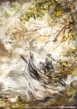 2boys ahoge alcohol black_eyes black_hair black_hanfu branch chinese_clothes chinese_text copyright_name couple faux_traditional_media food fruit grass hair_ribbon hanfu headband highres holding_jug ink_wash_painting jug_(bottle) lan_wangji leaf long_hair long_sleeves looking_at_another male_focus modao_zushi multiple_boys nature official_art orange_(fruit) outdoors parted_lips ponytail red_ribbon ribbon robe rock scenery sidelocks sitting smile standing topknot tree water watermark wei_wuxian weibo_watermark white_hanfu white_headband wide_shot wide_sleeves yaoi