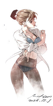 1girl bra breasts brown_eyes brown_hair cleavage expressionless highres looking_to_the_side medium_breasts nabipenciller navel open_clothes open_shirt original panties panties_under_pantyhose pantyhose parted_lips profile solo underwear