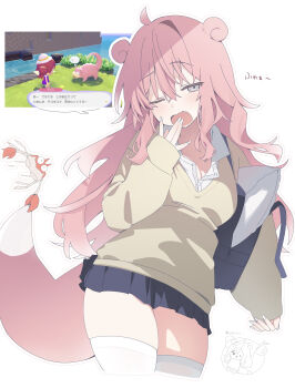 1girl absurdres ahoge bag brown_sweater crab fang game_screenshot_inset gen_1_pokemon grey_eyes highres krabby miniskirt nintendo one_eye_closed open_mouth personification pink_hair pleated_skirt pokemon pokemon_(creature) pokemon_tail shin_no_tenpii shoulder_bag skirt slowpoke solo sweater tail thighhighs translation_request white_nails white_thighhighs yawning
