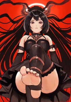 bare_shoulders black_dress black_hair black_thighhighs commentary convenient_leg demon_girl detached_sleeves dress feet frilled_thighhighs frills goat_horns highres horns leg_up looking_at_viewer original red_background short_hair sleeveless sleeveless_dress soles tanuuuuu3 thighhighs thighs toeless_legwear toes