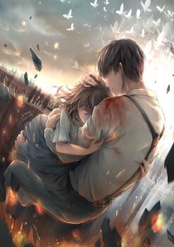 1boy 1girl a.tong blood blood_on_clothes blood_stain brown_hair bug butterfly cloud cloudy_sky collared_shirt dawn debris embers falling feet_out_of_frame floating_clothes floating_hair grey_pants grey_skirt hand_in_another&#039;s_hair height_difference hetero high-waist_skirt hole hug injury insect light_particles long_hair love_and_producer miniskirt outdoors pants people pleated_skirt pleated_sleeves protagonist_(love_and_producer) sad shirt short_hair short_sleeves skirt sky sunlight suspenders white_shirt xu_mo