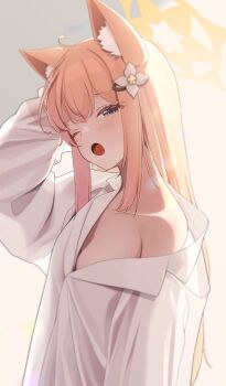 1girl absurdres animal_ear_fluff animal_ears bare_shoulders blue_archive collarbone collared_shirt hair_ornament hairclip halo highres jing_(947728534) long_hair looking_at_viewer mari_(blue_archive) off_shoulder one_eye_closed open_mouth orange_hair oversized_clothes shirt solo white_shirt