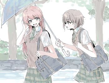 2girls animal_ears bag bang_dream! bang_dream!_it's_mygo!!!!! blue_bag blush brown_eyes brown_sweater_vest commentary_request diagonal-striped_clothes diagonal-striped_necktie fang green_necktie green_skirt grey_eyes grey_hair haneoka_school_uniform highres holding holding_umbrella long_hair multiple_girls necktie open_mouth pink_hair plaid_clothes plaid_skirt rain school_bag school_uniform shirt short_hair short_sleeves shoulder_bag skirt striped_clothes suudori sweatdrop sweater_vest takamatsu_tomori umbrella wet white_shirt