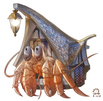 Rule 34 | absurdres, animal, animal focus, artist name, crab, crustacean, hermit crab, highres, house, lantern, lenta, no humans, original, shell
