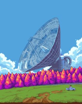 Rule 34 | 1other, absurdres, cloud, cloudy sky, day, dirt road, dutch angle, fence, forest, highres, mini person, motor vehicle, nature, original, outdoors, pixel art, road, satellite dish, scenery, sitting, sky, tree, truck, ventiquepxl, waving