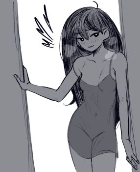1girl black_eyes black_hair blush cabronpr collarbone doorway dress highres leaning_to_the_side lingerie long_hair loose_clothes loose_shirt mari_(omori) monochrome omori see-through_clothes see-through_dress shirt smile solo steam steaming_body underwear you_gonna_get_raped