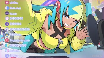 1girl aruke_(gter7727) bandeau belt black_belt blue_eyes canari_(pokemon) commentary_request cropped_jacket eyelashes grin hand_up highres indoors jacket long_sleeves looking_at_viewer mask mask_pull microphone mouth_mask multicolored_hair nintendo open_clothes open_jacket pants pokemon pokemon_legends:_z-a pop_filter selfie smile solo teeth twintails yellow_bandeau yellow_jacket zipper zipper_pull_tab