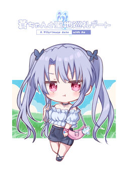 1girl absurdres alternate_costume alternate_hairstyle artist_request bag bare_shoulders black_choker black_skirt blue_hair blush blush_stickers butterfly_choker butterfly_hair_ornament casual character_doll character_name chibi chibi_only choker closed_mouth collarbone day doll english_text frilled_shirt frilled_sleeves frills full_body hair_between_eyes hair_ornament hand_in_own_hair hand_up handbag highres inari_(summer_pockets) jitome long_hair looking_at_viewer midriff off-shoulder_shirt off_shoulder outdoors outline pencil_skirt pink_bag pout red_eyes second-party_source shirt short_sleeves sidelocks skirt solo sorakado_ao summer_pockets twintails v-shaped_eyebrows very_long_hair wavy_mouth white_outline white_shirt