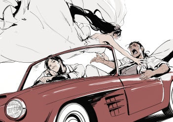 Rule 34 | 1girl, 2boys, black hair, bridal veil, car, character request, copyright request, dress, facial hair, formal clothes, highres, intrinsical, jumping, long hair, looking at another, looking at viewer, motor vehicle, multiple boys, mustache, open mouth, purple vest, red car, scar, scar across eye, scar on face, short hair, smile, suit, veil, vest, wedding dress, white background, white dress, white suit
