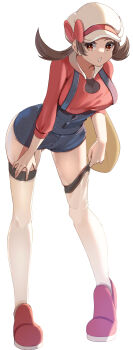 1girl absurdres adjusting_clothes adjusting_legwear bag blue_overalls bow breasts brown_eyes brown_hair female_focus full_body gluteal_fold grin handbag hat highres large_breasts leaning_forward looking_at_viewer lyra_(pokemon) momdy_(talesshinja) newsboy_cap nintendo overalls pokemon pokemon_hgss red_bow red_shirt red_shoes shirt shoes sidelocks simple_background smile solo teeth thighhighs twintails white_background white_hat white_thighhighs